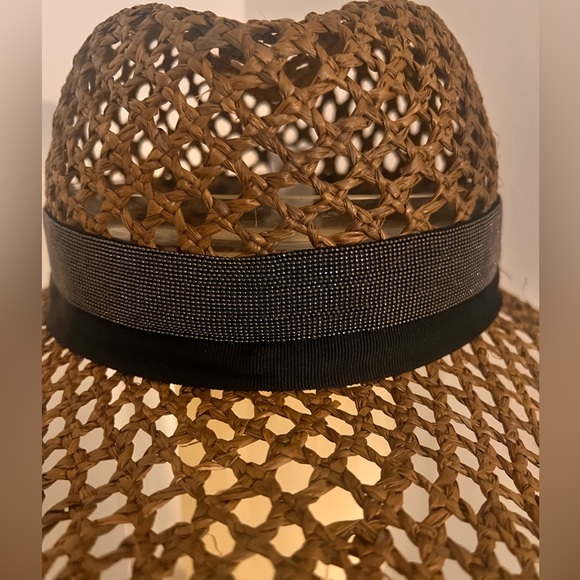 NWT Brunello Cucinelli Italy Size M Raffia women Hat Silver Monili Brown - Picture 5 of 13